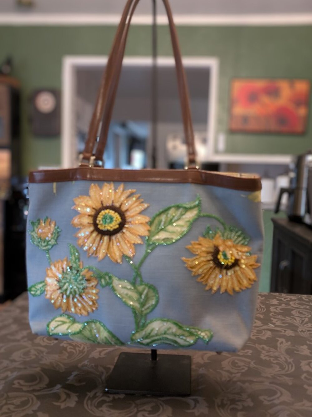 Isabella Fiore Vintage Sunflower Shoulder Tote Canvas/Leather/Beaded